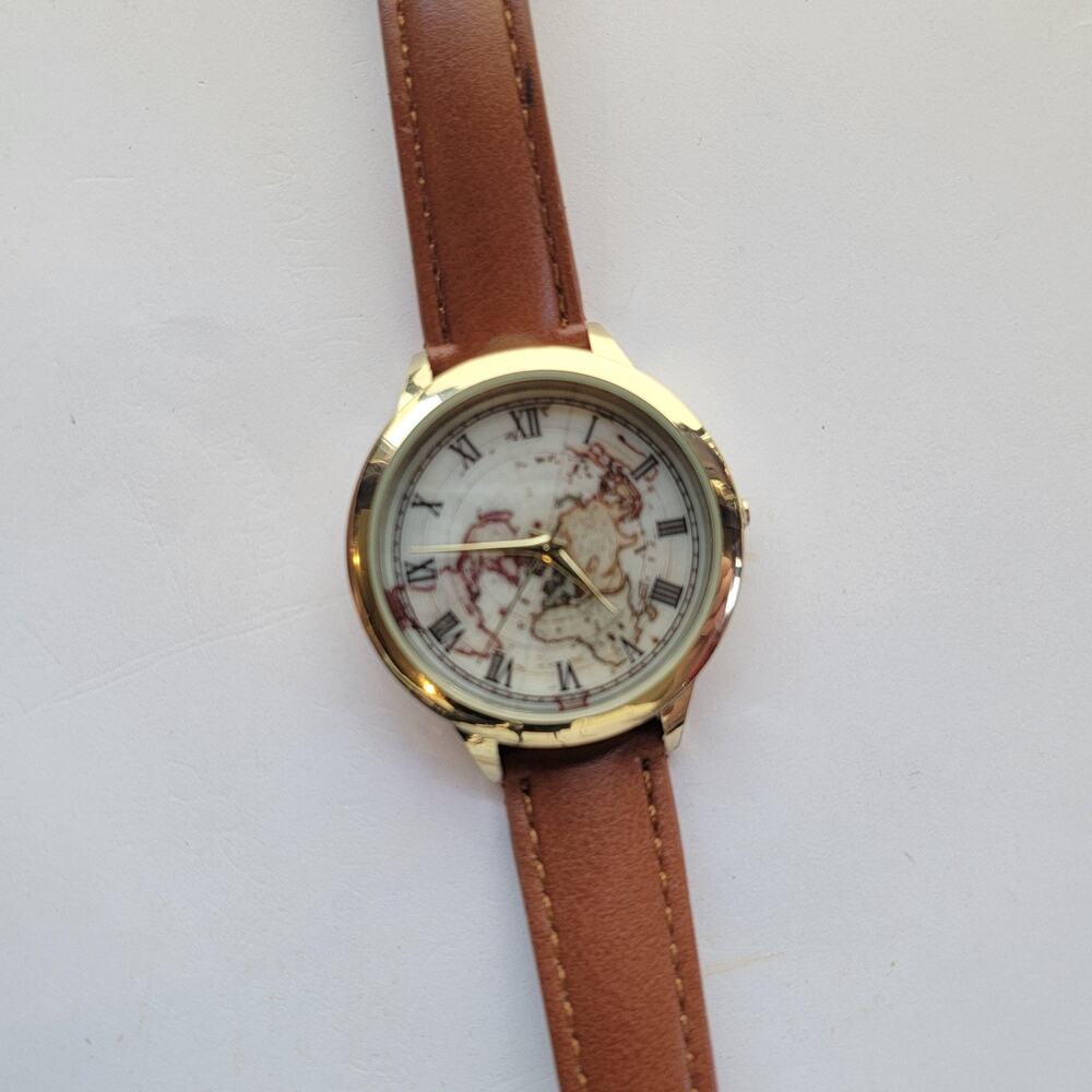 Accutime Womens Watch 38mm Gold Case Beige Dial Brown Faux Leather Quartz
